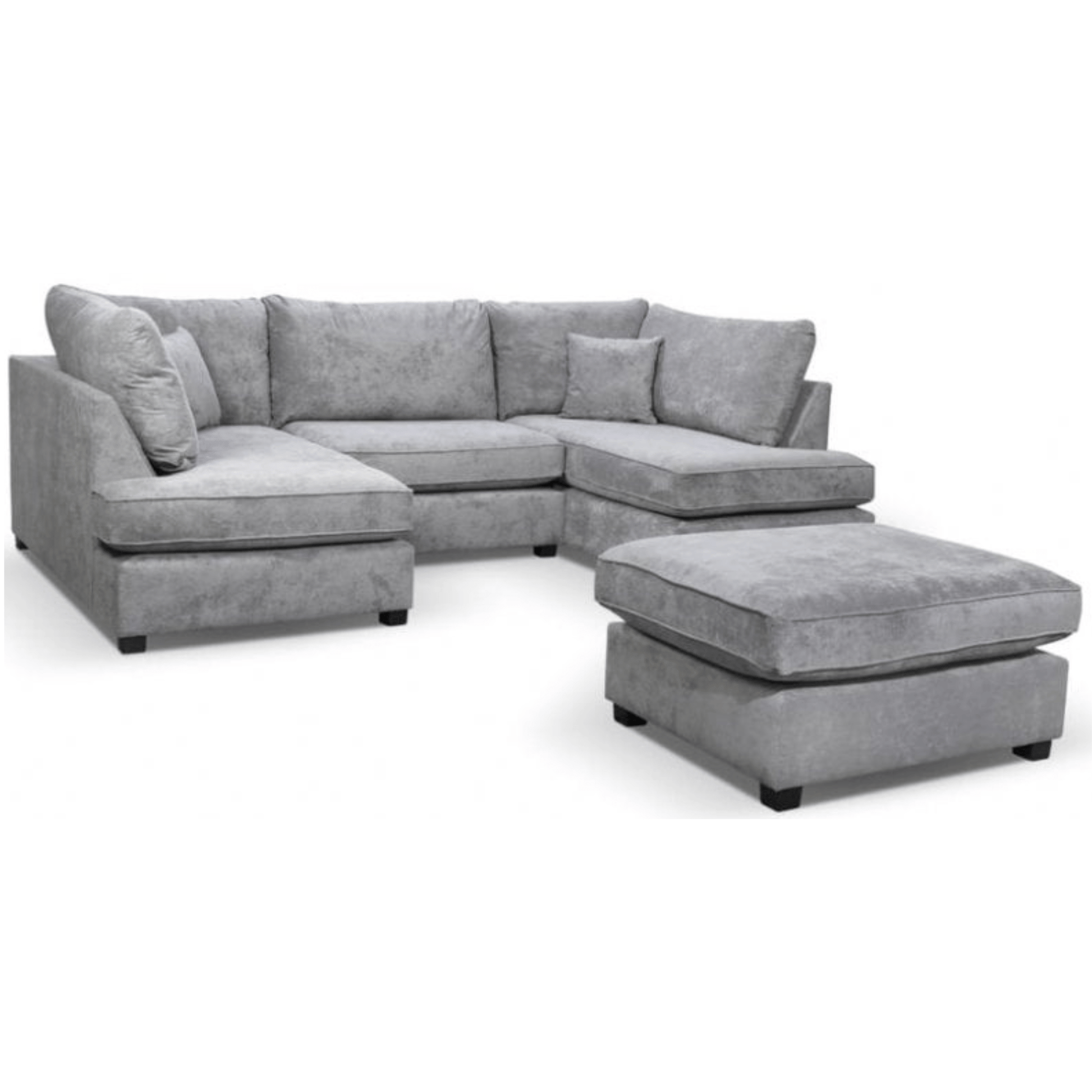 Gray sectional sofa with ottoman on a white background