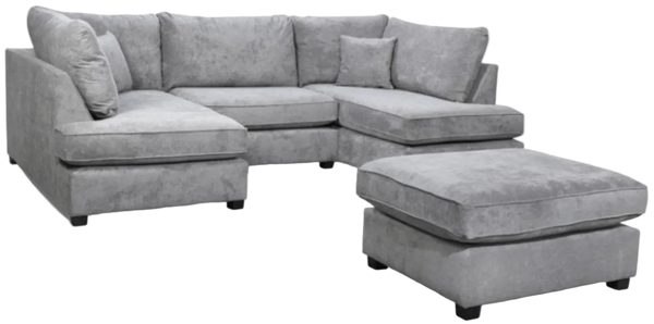 Carnaby Grey Fabric U Shape High Back Corner Sofa + Footstool