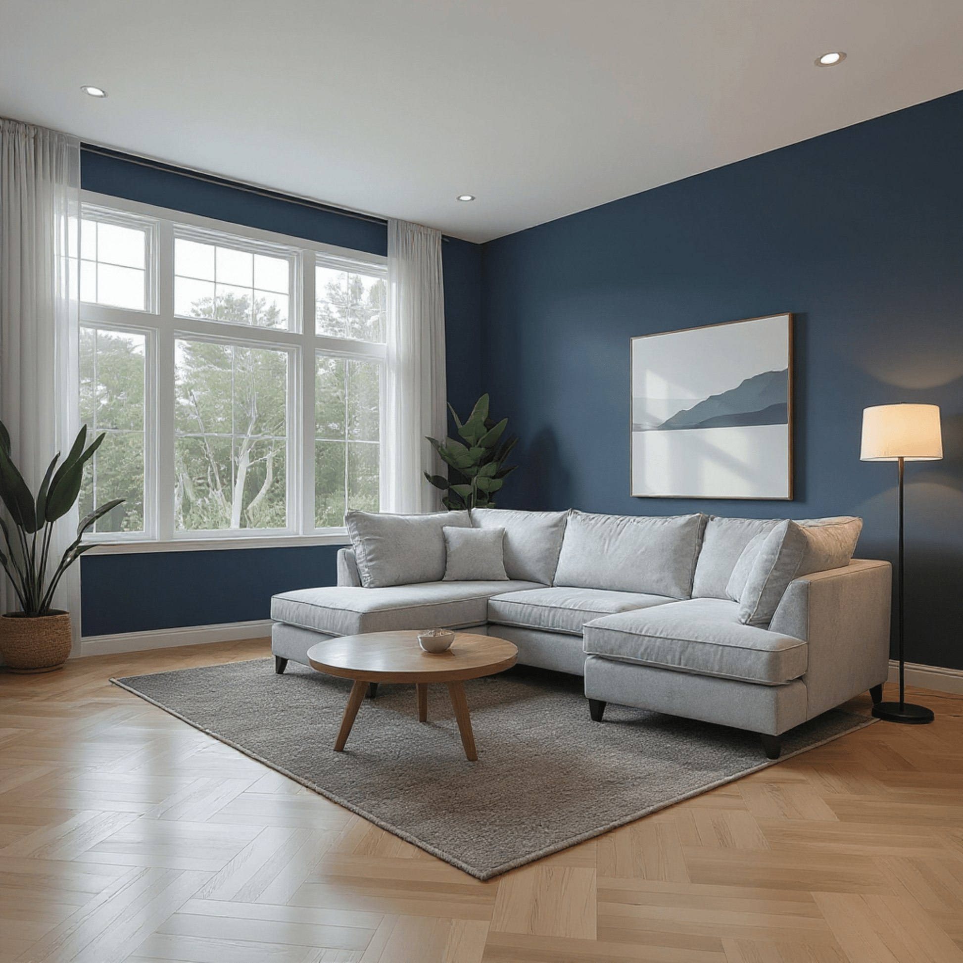 Modern living room with a gray sectional sofa, wooden coffee table, and decorative elements.