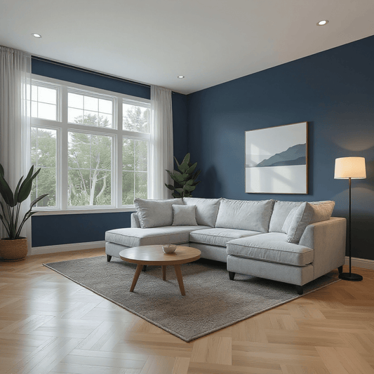 Modern living room with a gray sectional sofa, wooden coffee table, and decorative elements.
