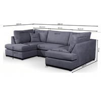 Gray sectional sofa with dimensions marked on a white background