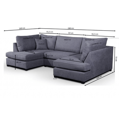 Gray sectional sofa with dimensions marked on a white background