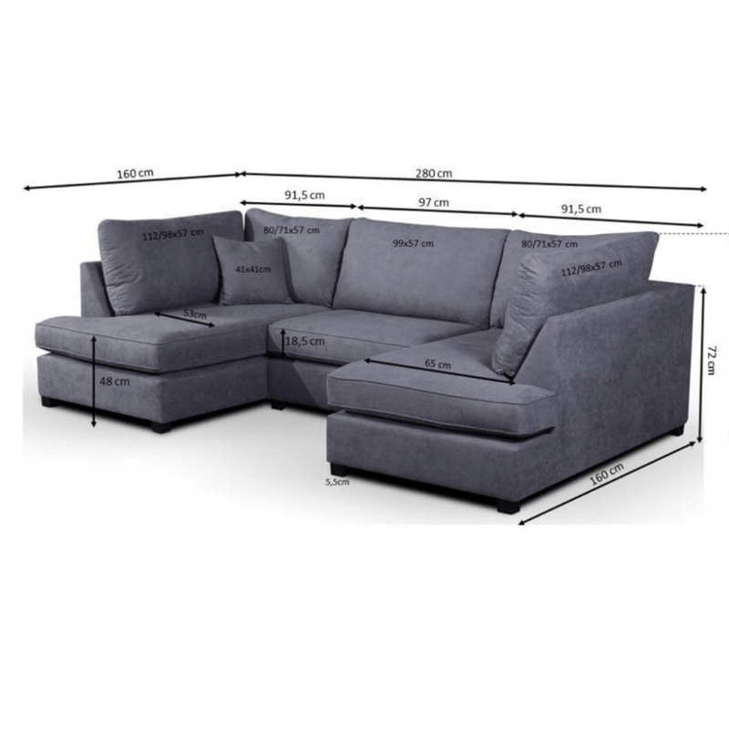 Gray sectional sofa with dimensions marked on a white background