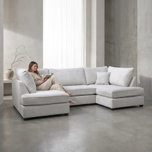 Carnaby Silver Fabric U Shape High Back Corner Sofa + Footstool - Furniture Instore