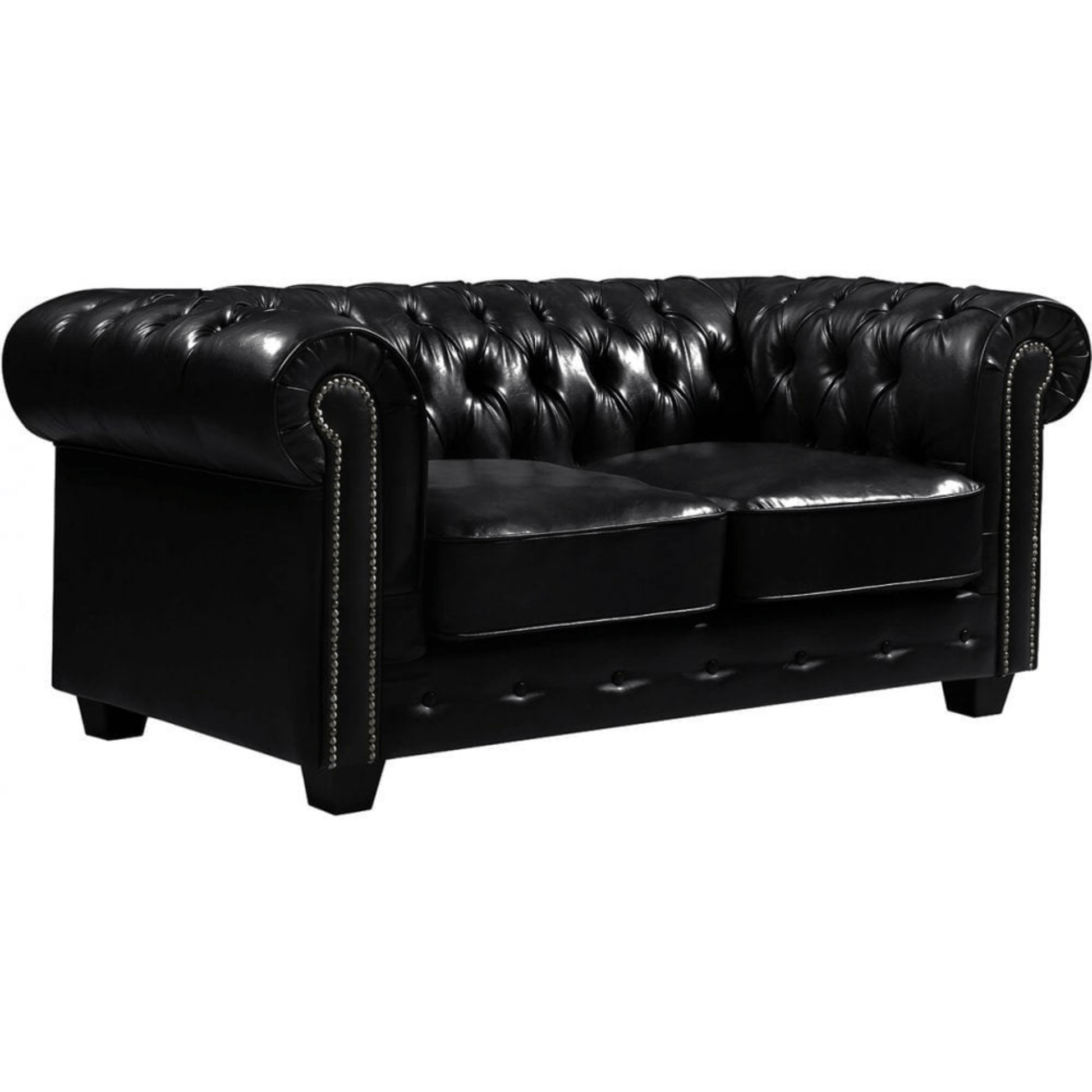 Black leather sofa with tufted backrest on a white background