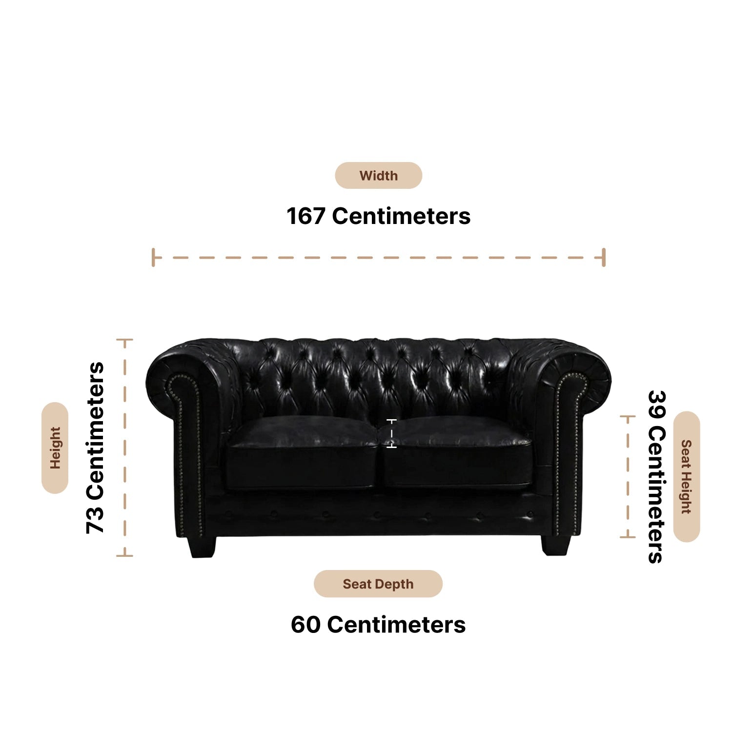 Chesterfield Black Leather Antique 2 Seater Sofa - Furniture Instore