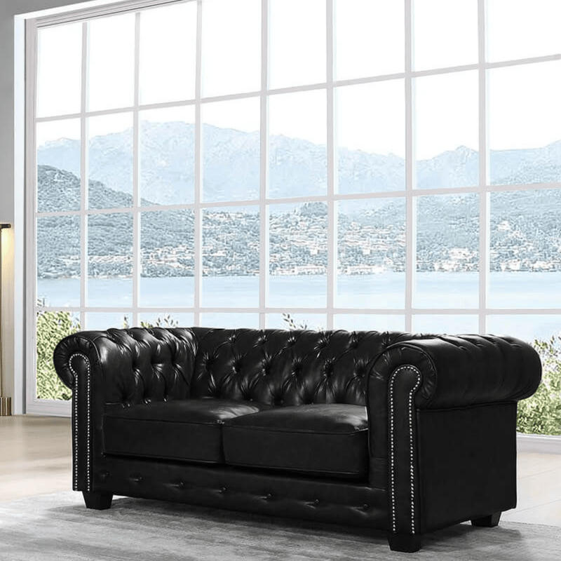Black leather sofa in a room with large windows overlooking a scenic view.