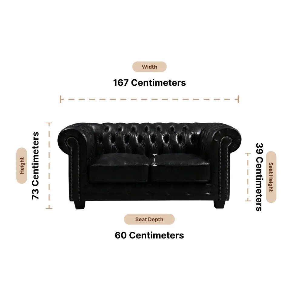 Chesterfield Black Leather Antique 2 Seater Sofa - Furniture Instore