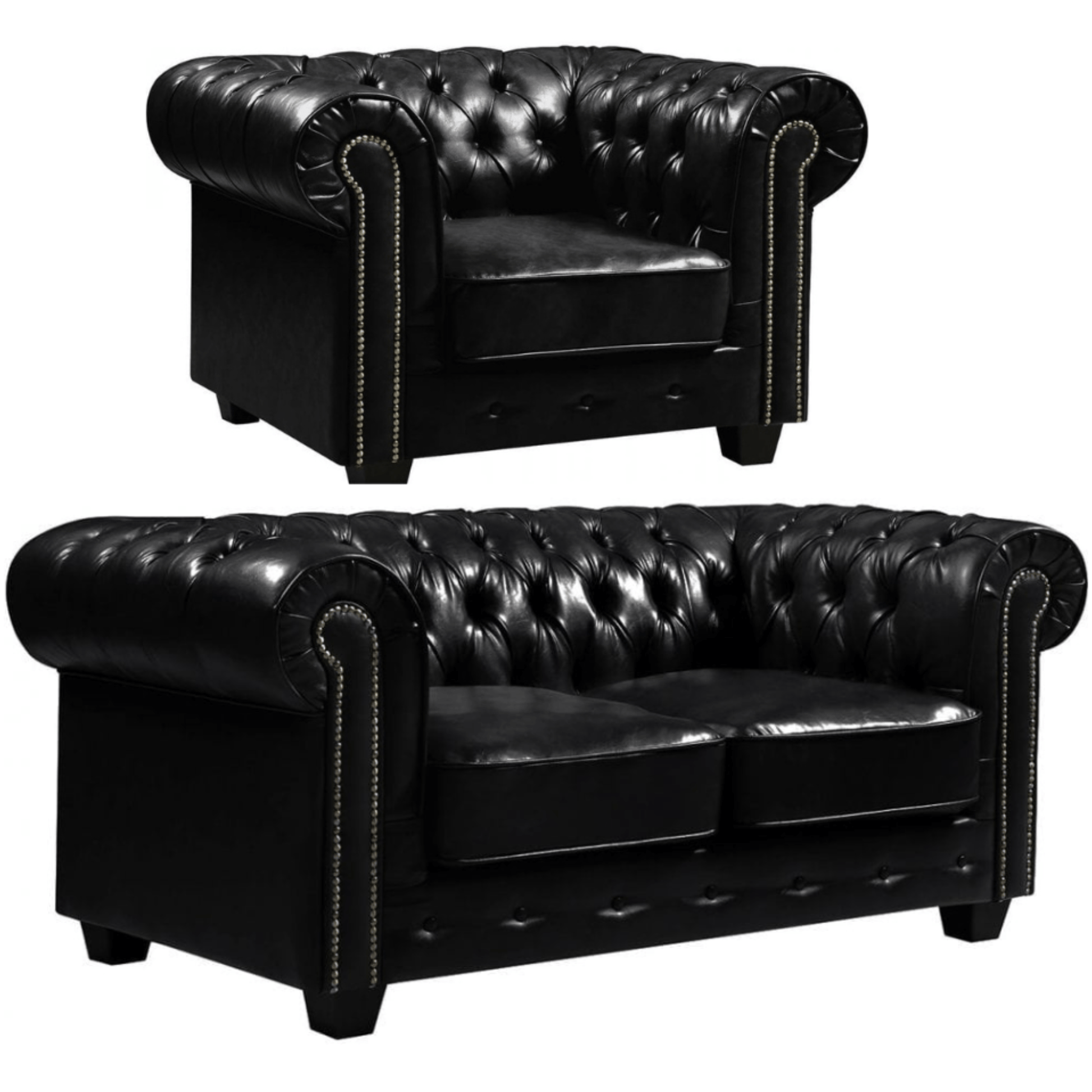 Black leather Chesterfield armchair and sofa on a white background
