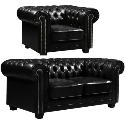 Black leather Chesterfield armchair and sofa on a white background