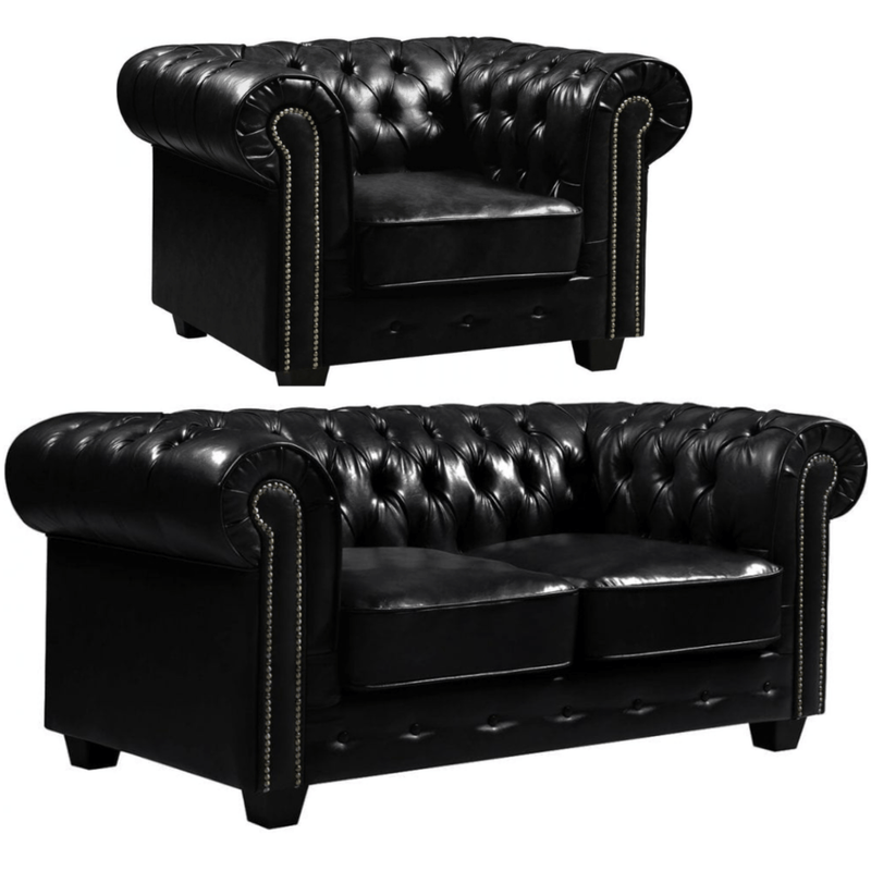 Black leather Chesterfield armchair and sofa on a white background