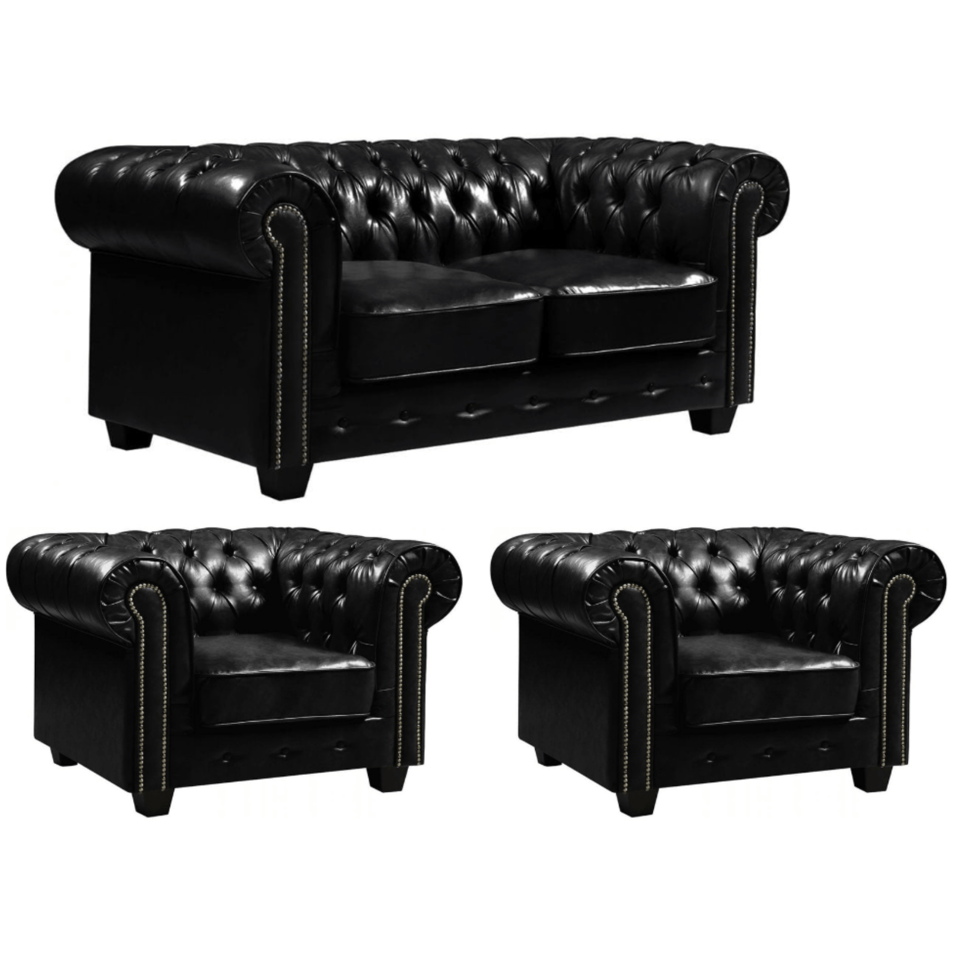 Black leather sofa set with two armchairs on a white background