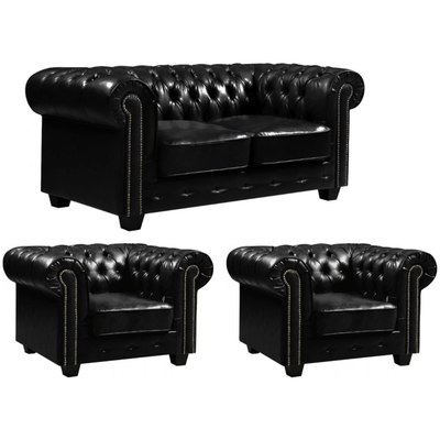 Chesterfield Black Leather Antique 2+1+1 Seater Sofa Set