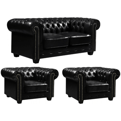 Black leather sofa set with two armchairs on a white background