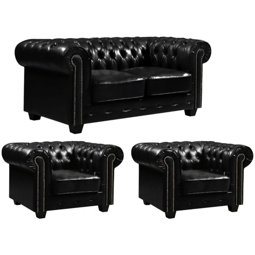 Chesterfield Black Leather Antique 2+1+1 Seater Sofa Set