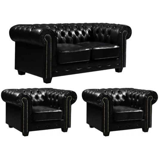 Black leather sofa set with two armchairs on a white background