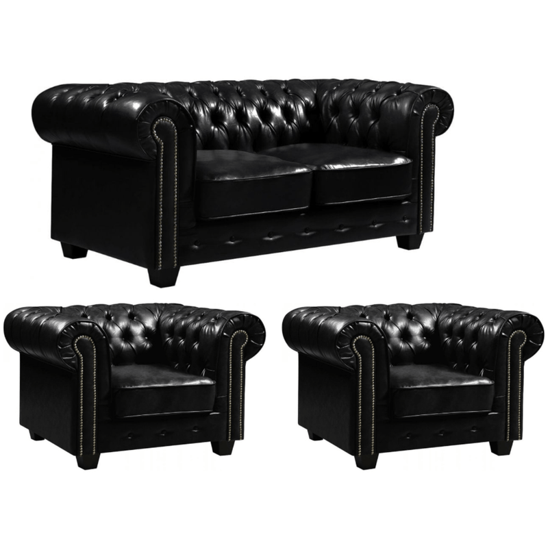 Black leather sofa set with two armchairs on a white background