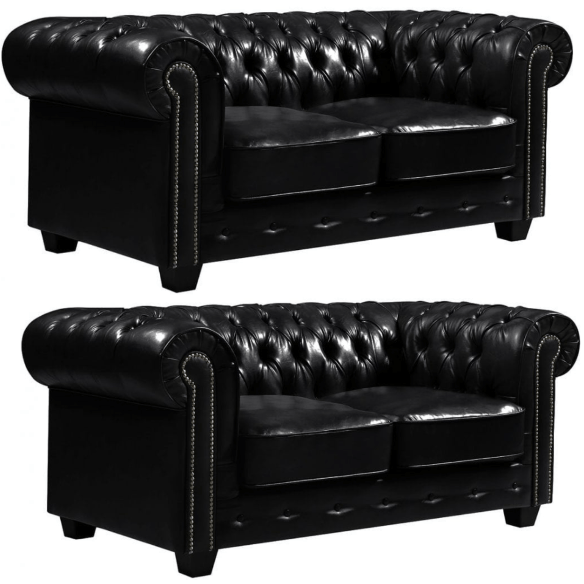 Two black leather sofas with tufted backrests on a white background