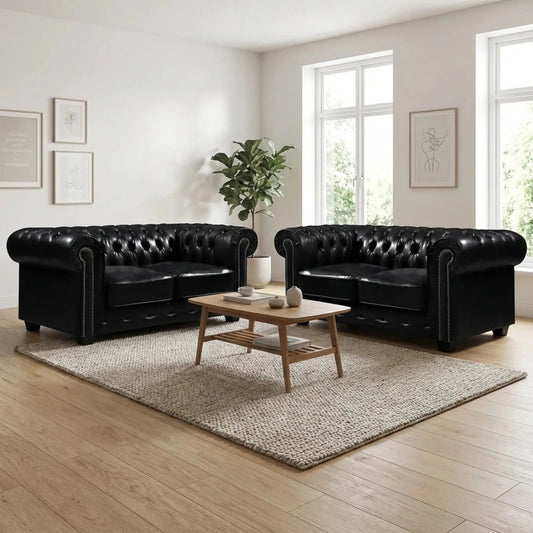 Chesterfield Black Leather Antique 2+2 Seater Sofa Set - Furniture Instore