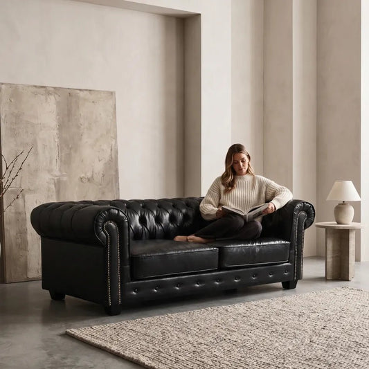 Chesterfield Black Leather Antique 3 Seater Sofa - Furniture Instore