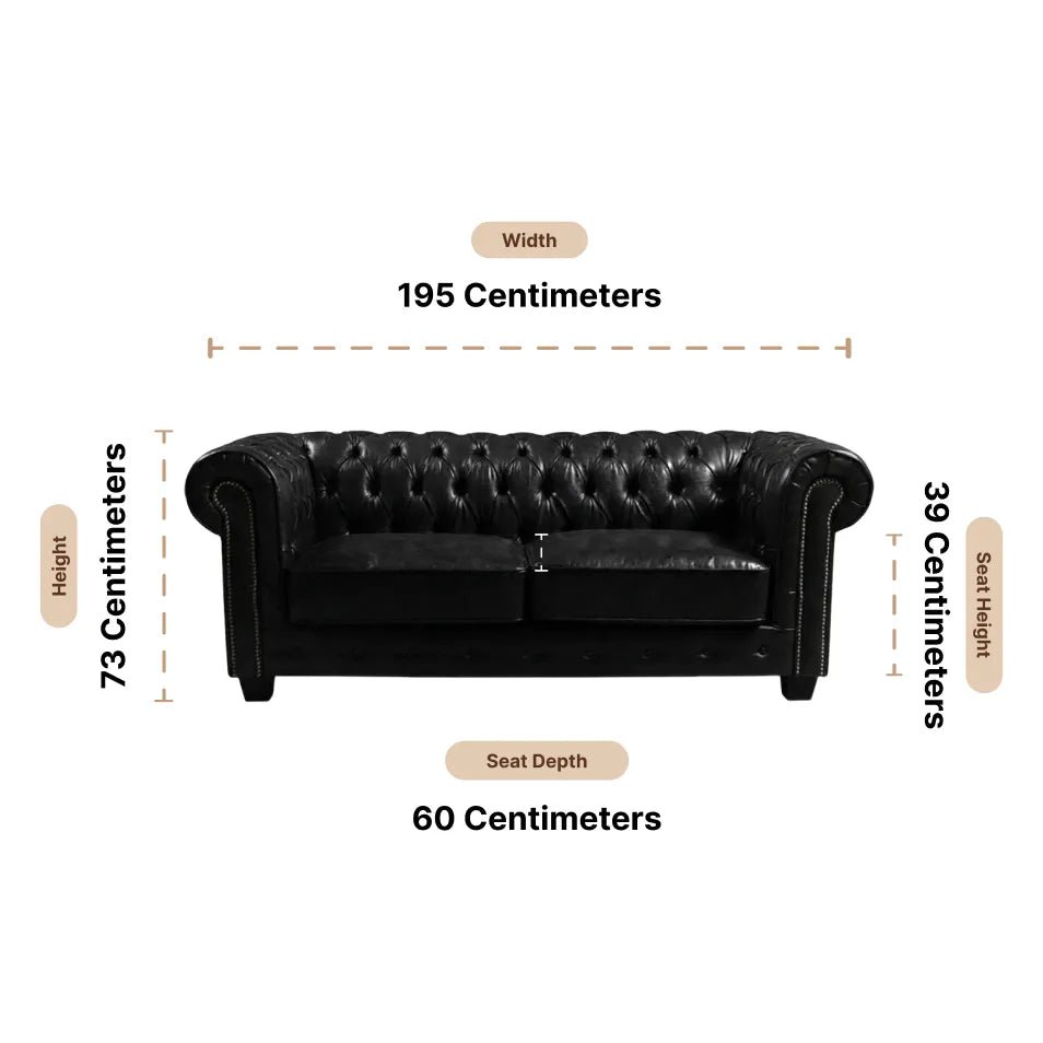 Chesterfield Black Leather Antique 3 Seater Sofa - Furniture Instore