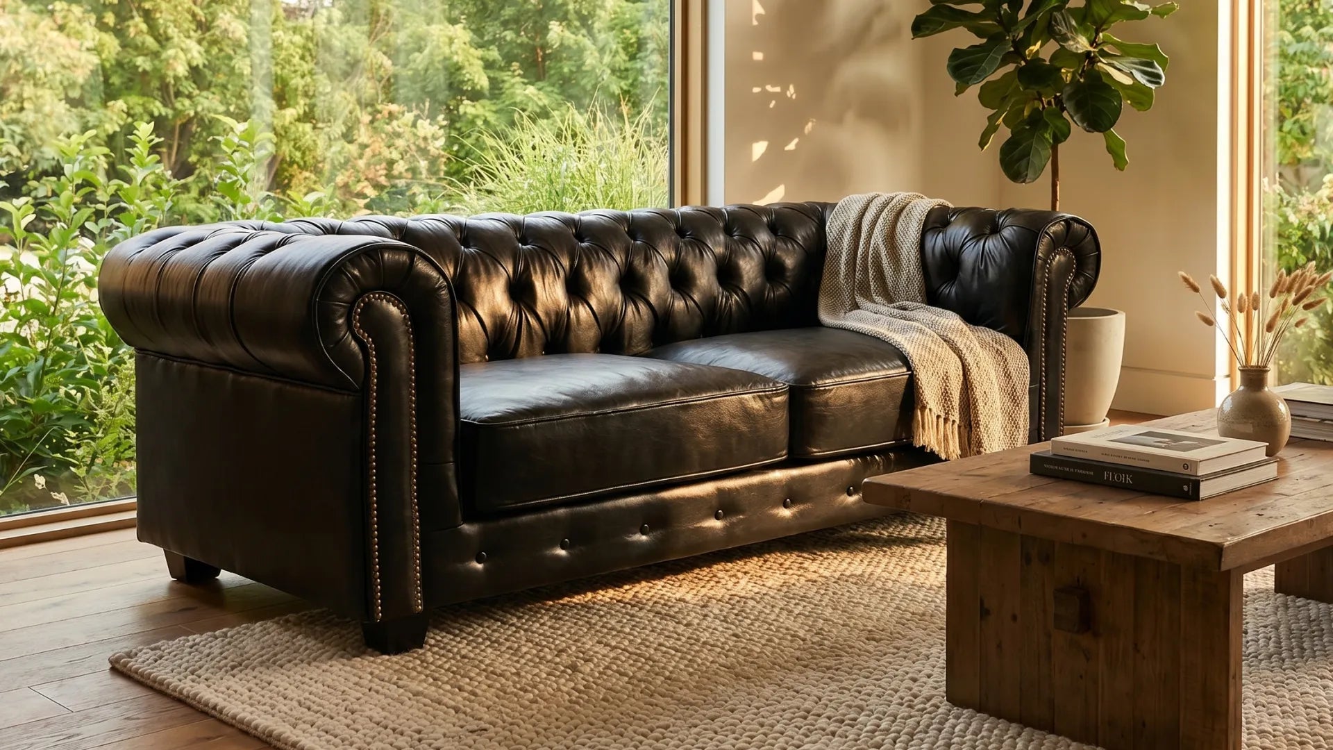 Chesterfield Black Leather Antique 3 Seater Sofa - Furniture Instore