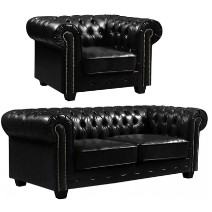 Black leather chesterfield armchair and sofa on a white background