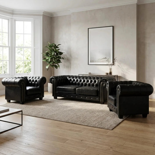 Chesterfield Black Leather Antique 3+1+1 Seater Sofa Set - Furniture Instore