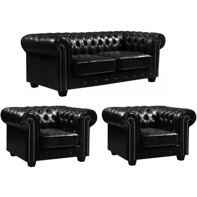 Chesterfield Black Leather Antique 3+1+1 Seater Sofa Set