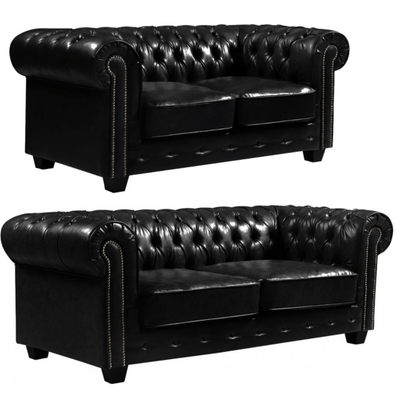 Chesterfield Black Leather Antique 3+2 Seater Sofa Set