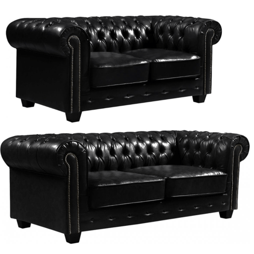 Chesterfield Black Leather Antique 3+2 Seater Sofa Set