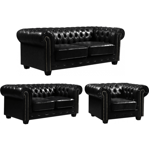 Chesterfield Black Leather Antique 3+2+1 Seater Sofa Set