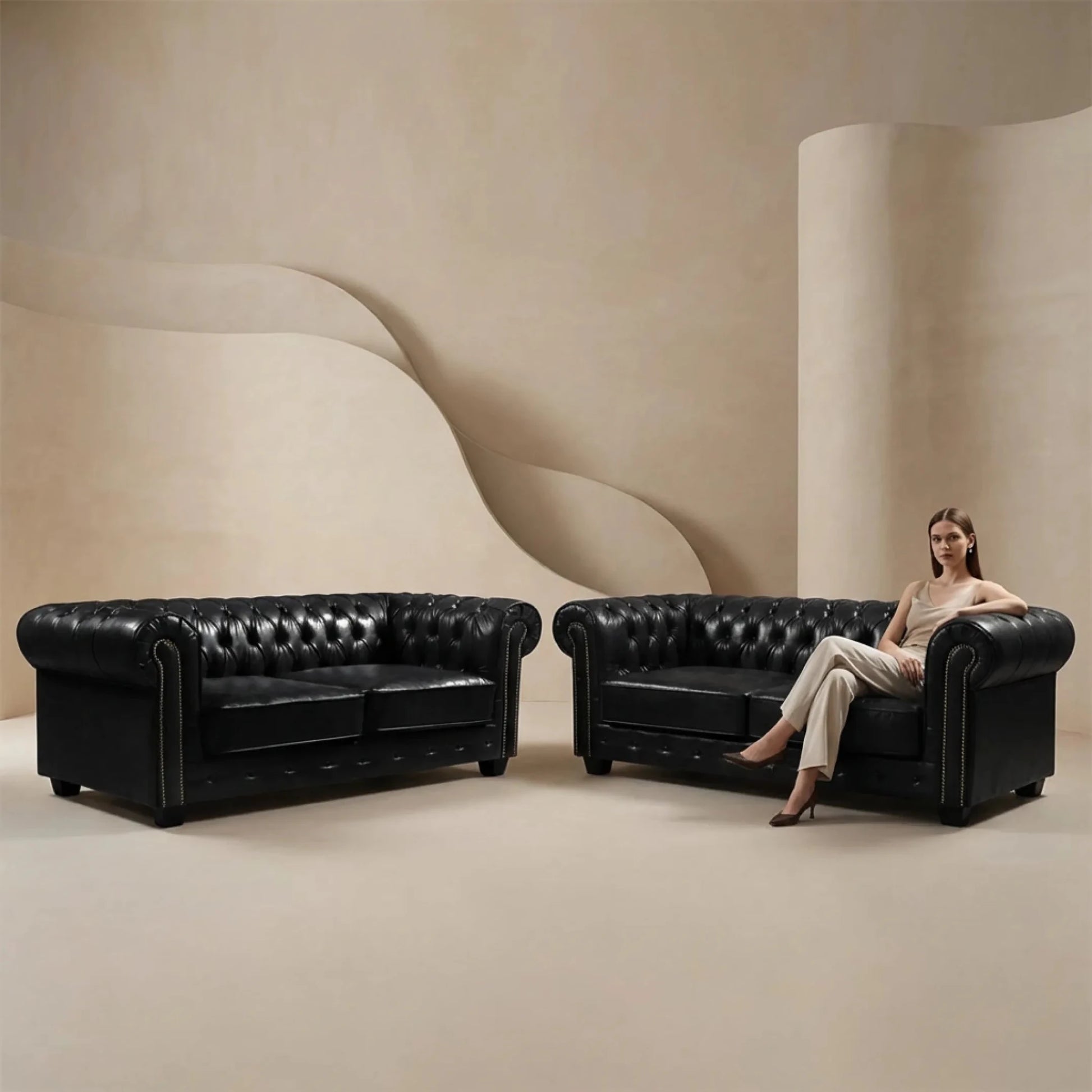 Chesterfield Black Leather Antique 3+3 Seater Sofa Set - view 5 - Furniture Instore