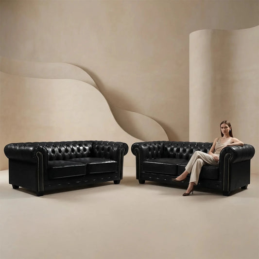 Chesterfield Black Leather Antique 3+3 Seater Sofa Set - view 5 - Furniture Instore