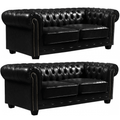 Chesterfield Black Leather Antique 3+3 Seater Sofa Set