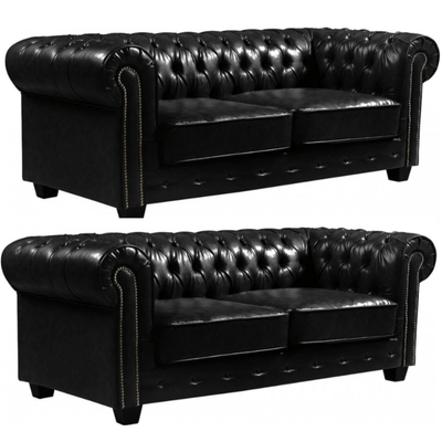 Chesterfield Black Leather Antique 3+3 Seater Sofa Set Product