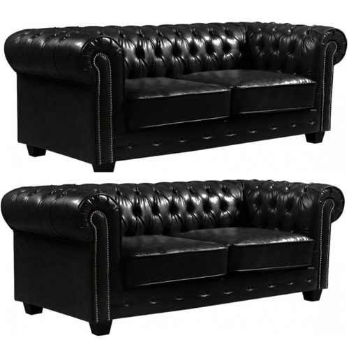 Chesterfield Black Leather Antique 3+3 Seater Sofa Set Product