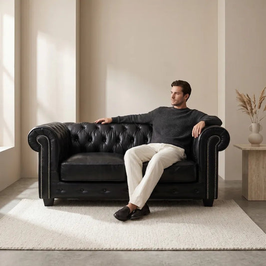 Chesterfield Black Leather Antique Armchair - Furniture Instore