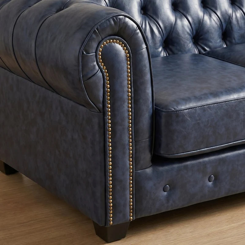 Chesterfield Blue Leather Antique 2+1 Seater Sofa Set - 2 Seater Sofa Front View - Furniture Instore