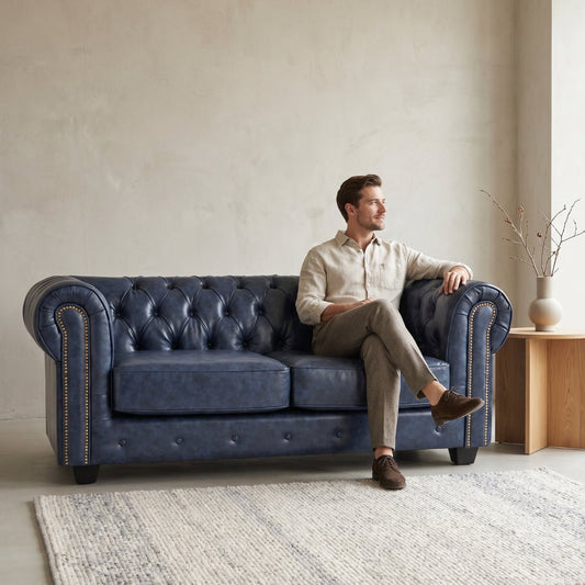 Chesterfield Blue Leather Antique 2 Seater Sofa - Furniture Instore