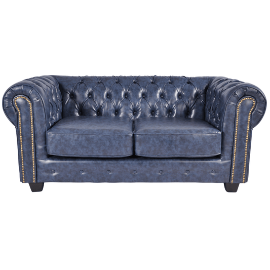 Chesterfield Blue Leather Antique 2 Seater Sofa - Furniture Instore