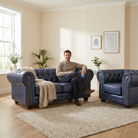 Chesterfield Blue Leather Antique 2+1 Seater Sofa Set - Furniture Instore
