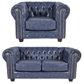Chesterfield Blue Leather Antique 2+1 Seater Sofa Set