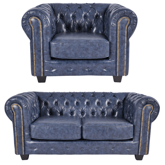 Chesterfield Blue Leather Antique 2+1 Seater Sofa Set - Furniture Instore