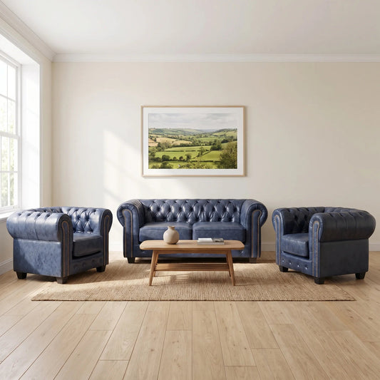 Chesterfield Blue Leather Antique 2+1+1 Seater Sofa Set - Furniture Instore