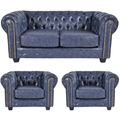Chesterfield Blue Leather Antique 2+1+1 Seater Sofa Set