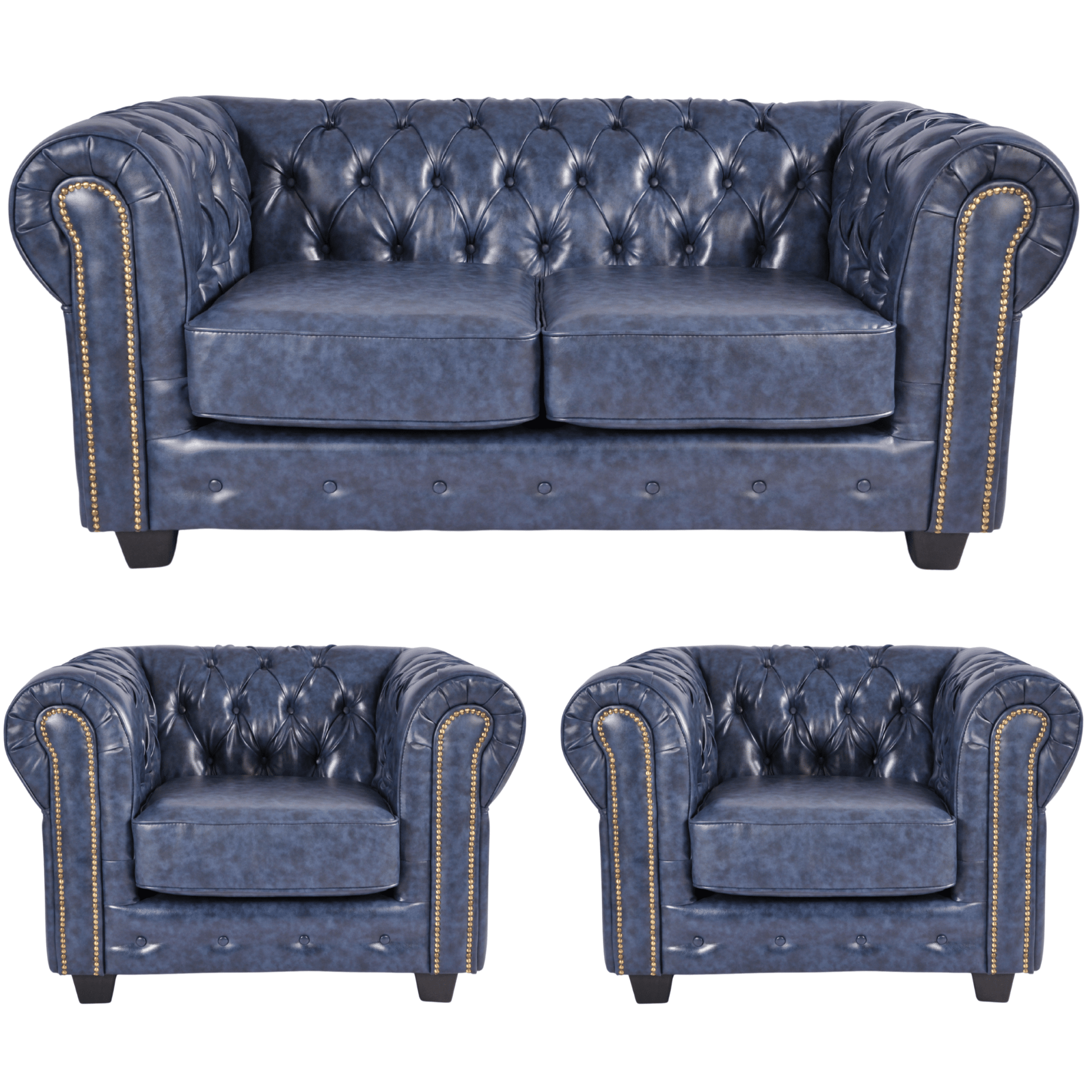 Chesterfield Blue Leather Antique 2+1+1 Seater Sofa Set - Furniture Instore