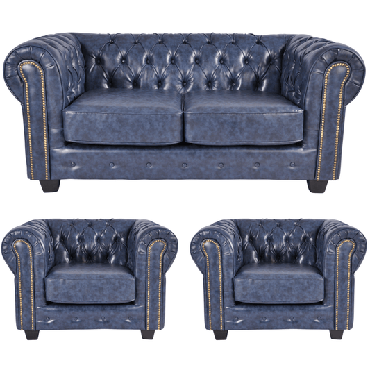 Chesterfield Blue Leather Antique 2+1+1 Seater Sofa Set - Furniture Instore