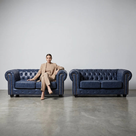 Chesterfield Blue Leather Antique 2+2 Seater Sofa Set - Furniture Instore