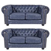 Chesterfield Blue Leather Antique 2+2 Seater Sofa Set